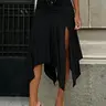 Ruched Low Waist Bodycon Fit Side Slit Sexy Asymmetrical Hem Black Solid Knitted Midi Skirt, Slim Fitting Skirt, Split Hem Skirt, Summer Vacation Style Women's Half Skirt, Chic Elegant Aesthetic Fashionable Skirt, Going Out Skirts
