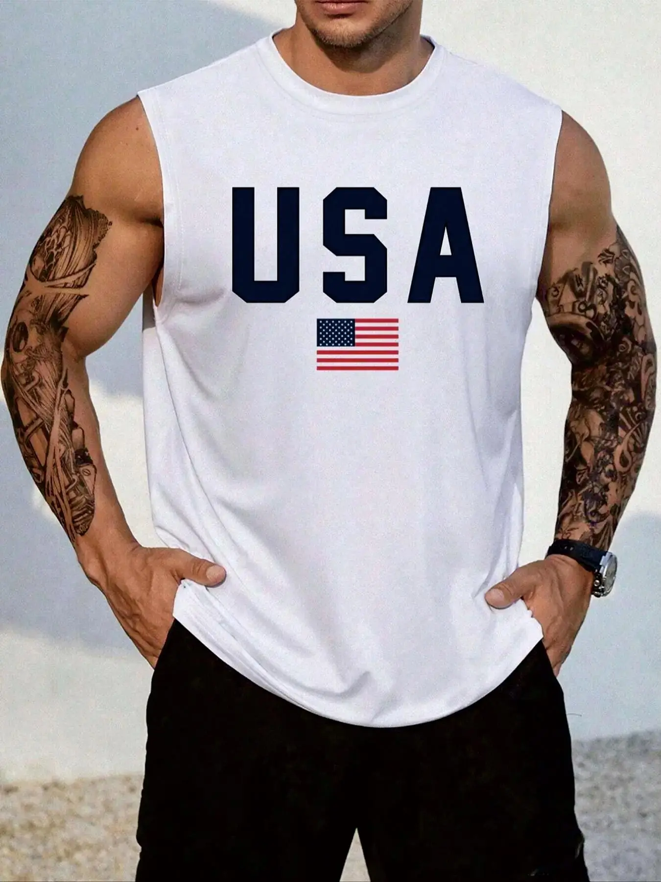 Men's Letter & Flag Print Sleeveless Crew-Neck Tank Top, Regular-Fit Graphic Athletic Tank for Summer, Casual Men's Clothes for Daily Wear, Muscle Tank Tops, Crewneck, Vest Tee, Menswear
