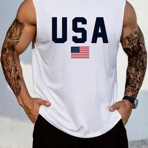 Men's Letter & Flag Print Sleeveless Crew-Neck Tank Top, Regular-Fit Graphic Athletic Tank for Summer, Casual Men's Clothes for Daily Wear, Muscle Tank Tops, Crewneck, Menswear, Sleeveless Muscle Shirt