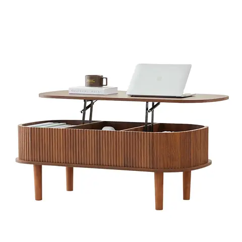Giratree Fully Assembled Wooden Center Table, Fluted Lift Top Coffee Table with Hidden Compartment, Modern Oval Lift Tabletop for Home Living Room Office