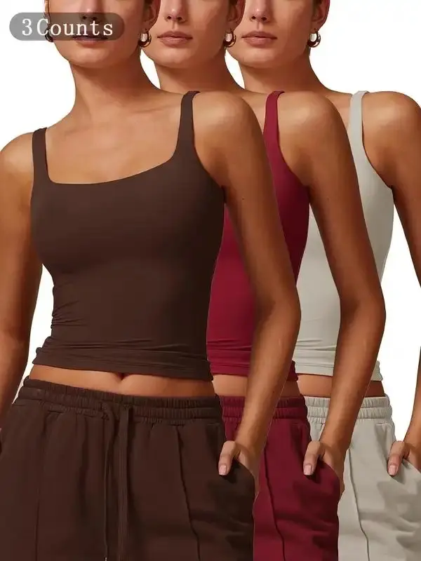 Women's Solid Color Sports Singlet with Built-In Bra Cups, High Stretch Breathable Quick Drying Sports Bra for Yoga Gym Workout Fitness, Ladies Sportswear for Indoor Wear
