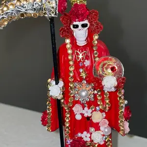 Santa Muerte Statues 5.5-inch Bedazzled Figurine with Unique Design Pearl Accents Colorful Beads for Home Office Decor