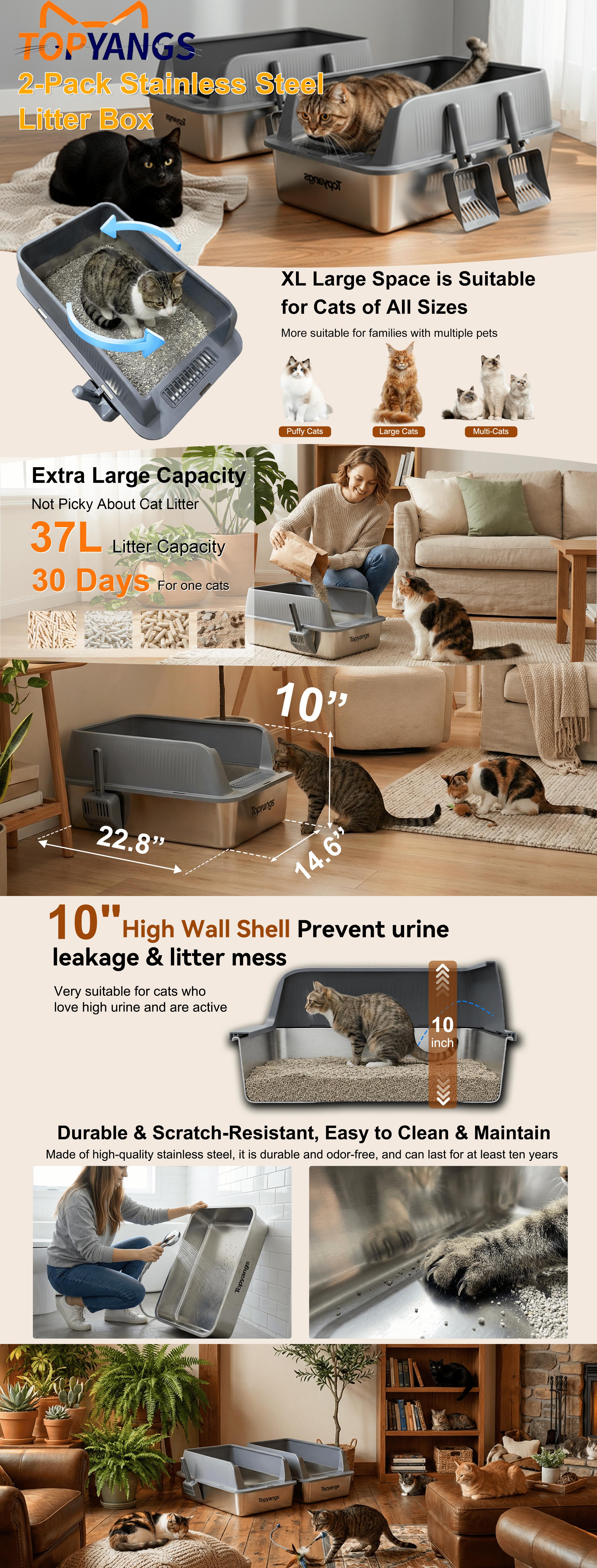 Topyangs 2-Pack XL Stainless Steel Litter Box, Metal Cat Litter Box, Non-Sticky Material, Easy-to-Clean High Wall Litter Box for Multiple Cats,  High Wall Construction  #SummerVibes #petlovers