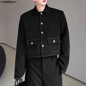 INCERUN Men's Clean Fit Cropped Streetwear Blazer - Casual Long Sleeve Boxy Jacket with Contrast Stitching, Menswear Fashion Set for Date Night, Longsleeves
