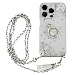 Handmade Bling Clear Phone Case for iPhone 15/iPhone 16/iPhone 17 Series – Hand-Set Rhinestones, PVC Dual Shockproof Material, Corner Cushion Reinforced Protection, Diamond PopSocket & Silver Chain Lanyard, Stylish Protective Shell