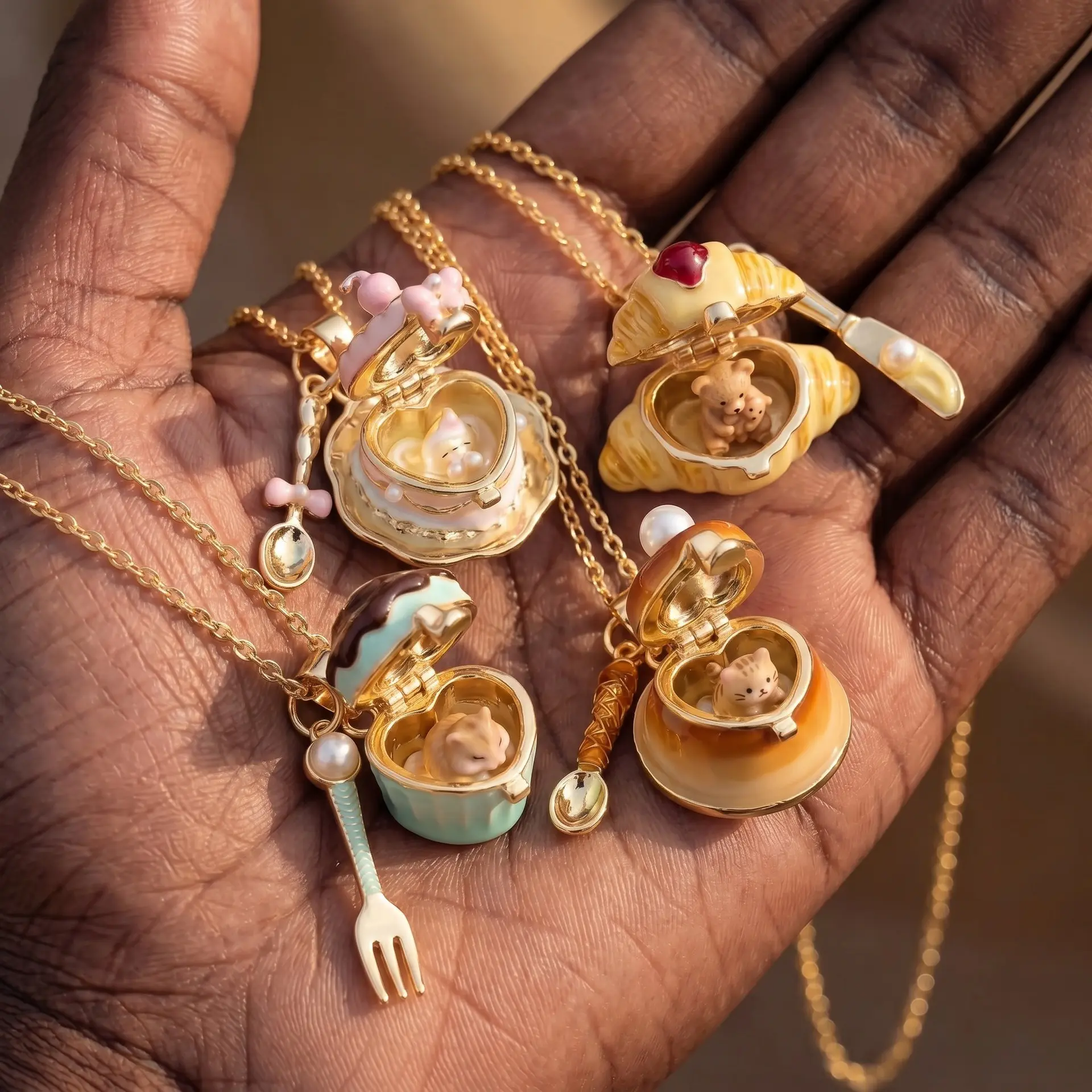 Kawaii Locket Necklace for Women, Dainty Gold Chain with Openable Dessert Pendant and Charms, Whimsical Cat-Bear Jewelry, Exquisite Birthday Gift, Exquisite Jewelry Gift, Birthday Gift Jewelry