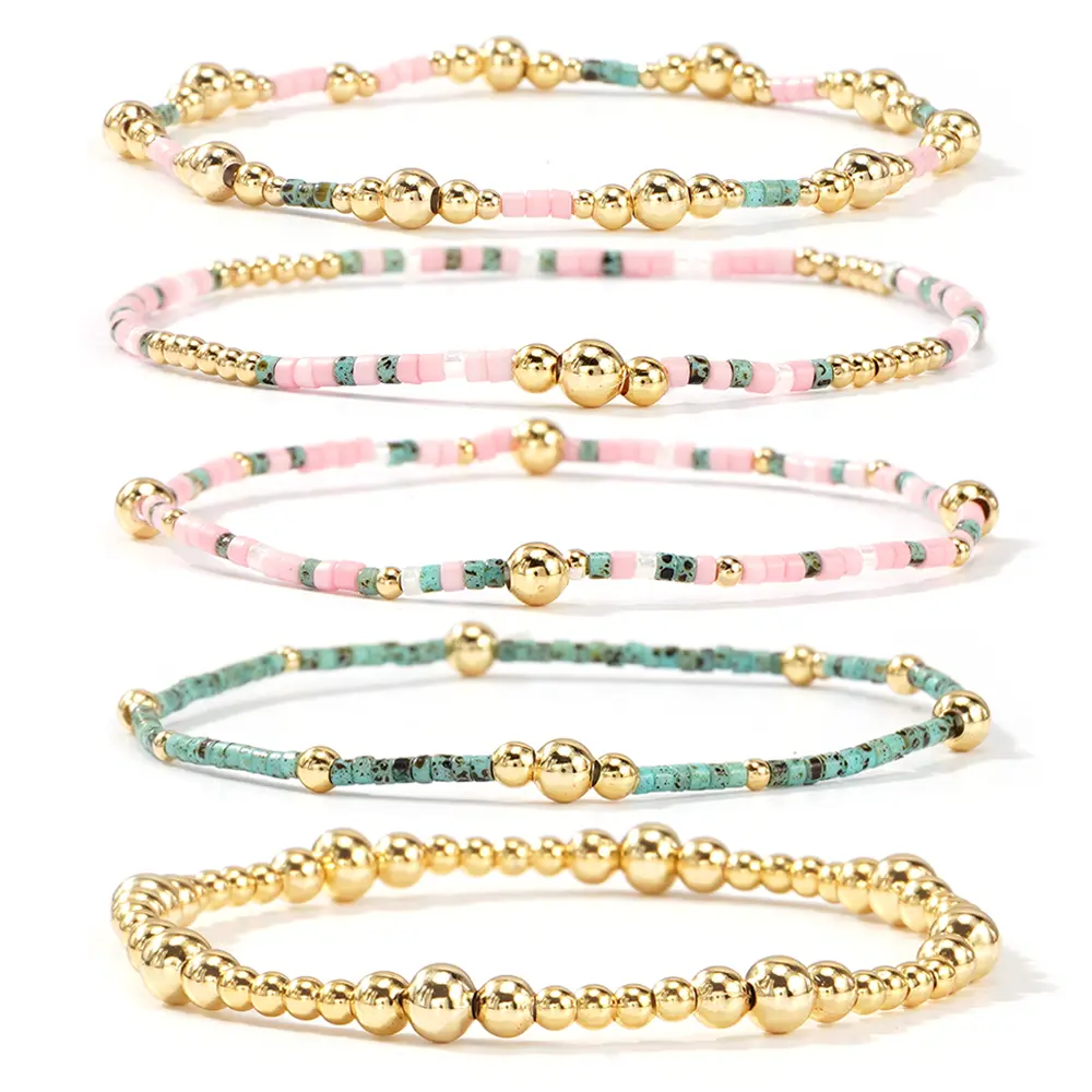 Shinus Boho 14K Gold Beaded Stretch Bracelet Stack for Women, 5PCS Boho style Handmade Turquoise Pink Small Beads cute Bracelets Set Fashion Holiday Prom Jewelry Friendship Gift, gift for her, Gold Jewelry, Gift Sets For Women