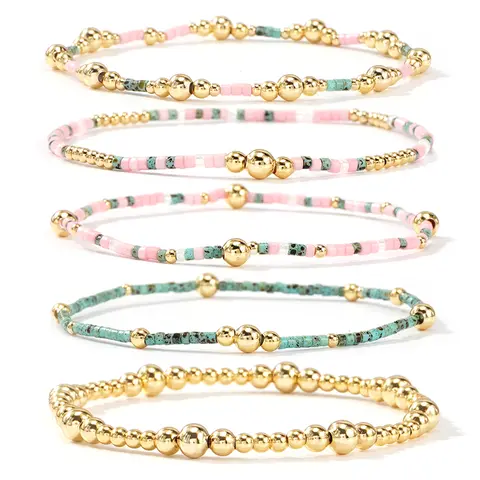 Shinus Women's 14K Gold Boho Stretch Bracelet Stacks (5PCS, 12.1g) - Handmade Assorted Bead Bangles with Turquoise, Pink Small Beads, Casual Arm Candy Accessories for Birthday Gift