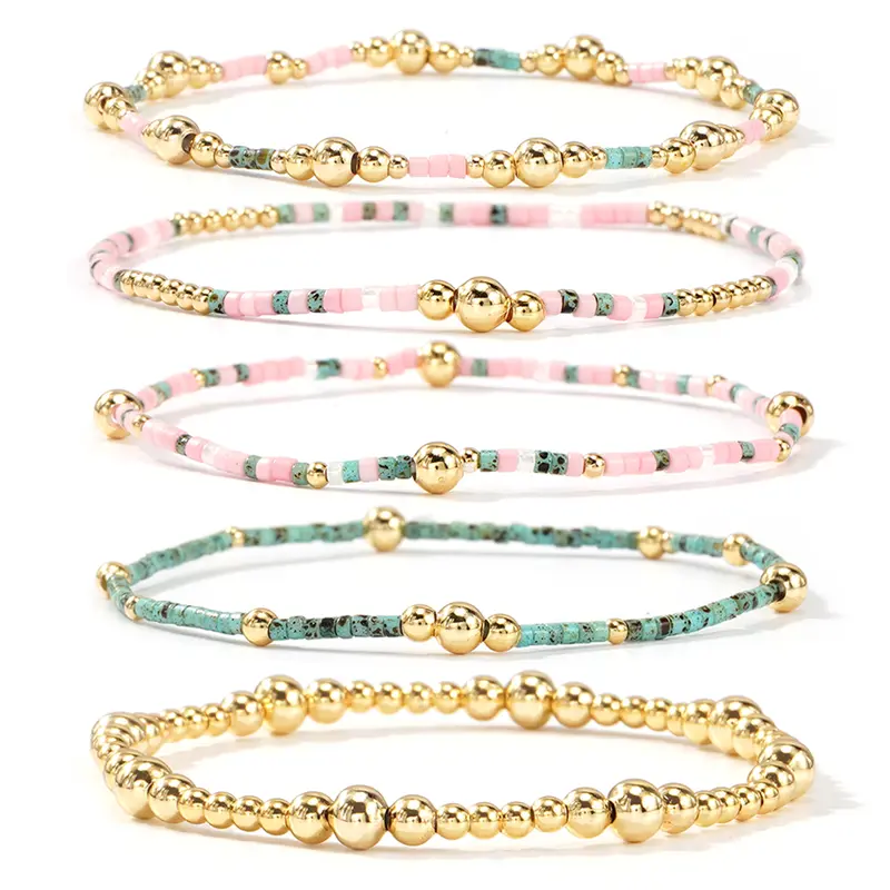 Shinus Women's 14K Gold Boho Stretch Bracelet Stacks (5PCS, 12.1g) - Handmade Assorted Bead Bangles with Turquoise, Pink Small Beads, Casual Arm Candy Accessories for Birthday Gift