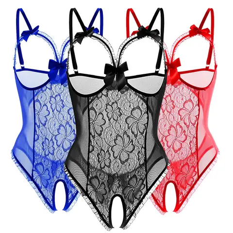 Women's Sexy Lingerie Lace Open Cup Sleepwear Badysuit One Piece Crotchless Nightwear