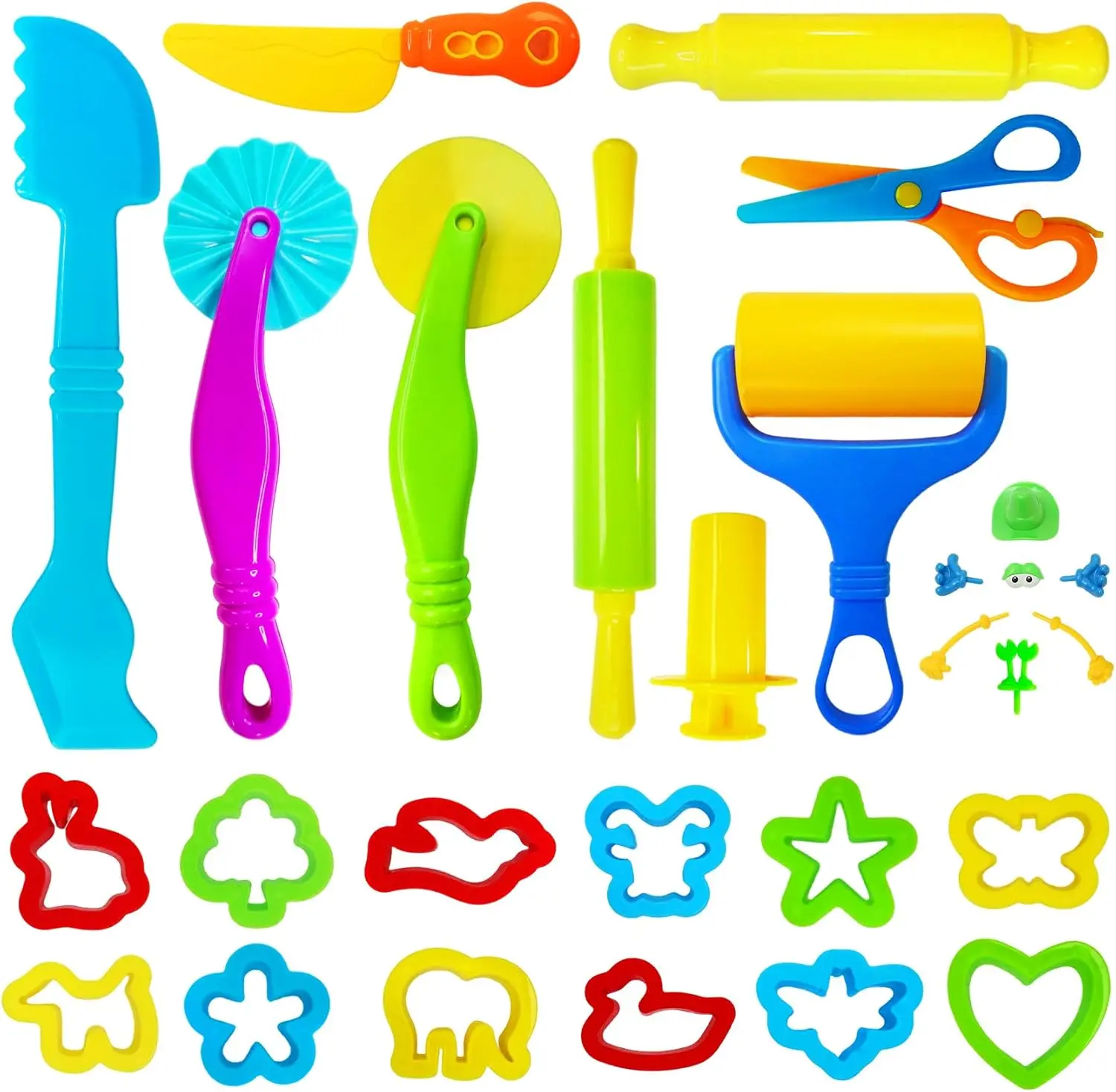 28Pcs Dough and Clay Play Tools Kit for Kids Modeling Clay Accessories with Animal Cutters Rolling Pins Safety Scissors Dough Extruder & Rollers