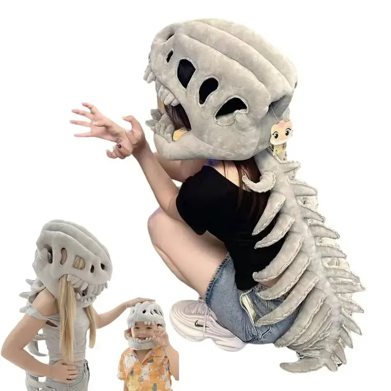 Halloween Dinosaur Cosplay Costume Set for Adults & Kids, Realistic Plush Skeleton Outfit with Skull Headpiece and Spine