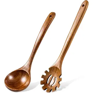 Wooden Ladles for Cooking, 2- Soup Ladle & Pasta Spoon Set,  Teak  Soup Ladle and Slotted Spaghetti Spoon for Cooking, Serving and Stirring