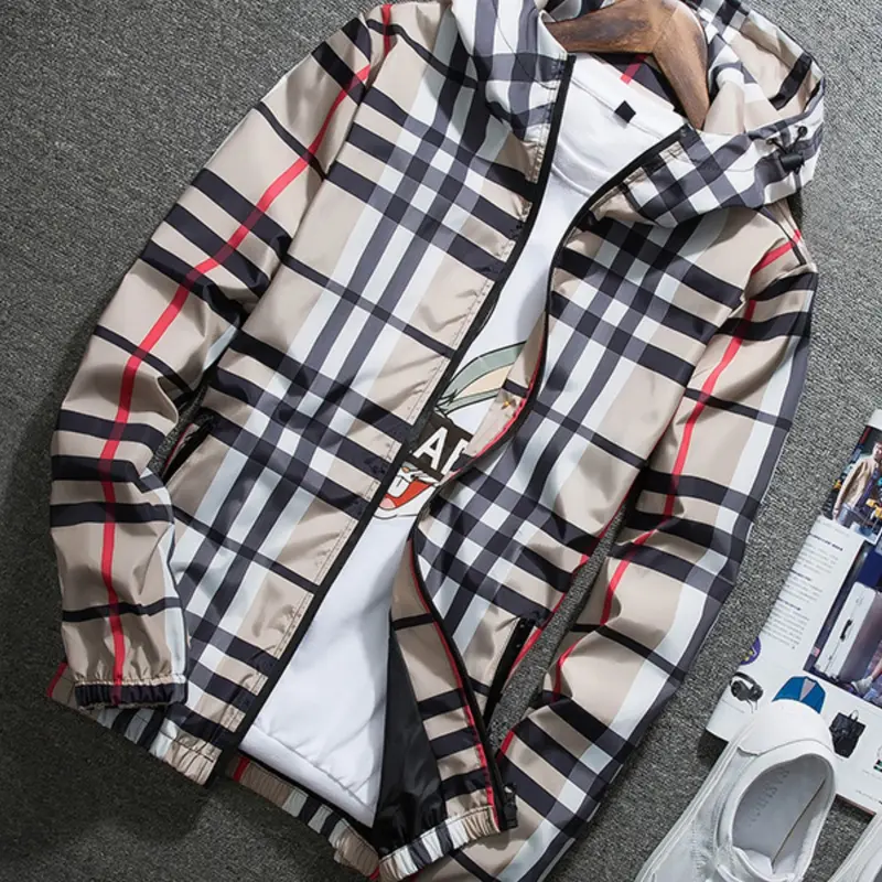 Men's Lightweight Hooded Fitted Jacket, Zip-Up Windbreaker with Adjustable Drawstring & Color-Block Stripes for Autumn