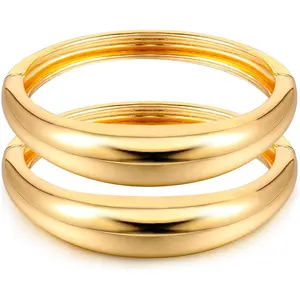 Plated Cuff Bangle Bracelets For Women Set Chunky Trendy Hinged Irregular Cuff Open Wide  Bracelet Minimalist   2 count