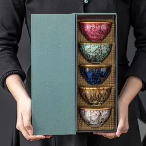 5pc Handmade Jianzhan Ceramic Tea Cup Set - Traditional Kiln-Baked Porcelain Kung Fu Cups - Unique 5-Element Artistic Design - Elegant Gift Box for Office & Home
