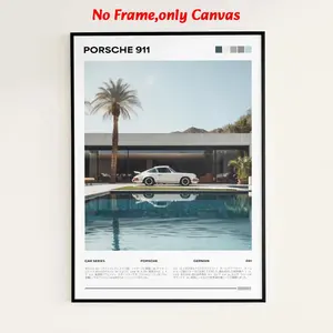 Wall Art, Vintage Poster, Car By The Pool Vintage Porsche Print, Living Room Decor Aesthetic, Indoor Room Decor, Room Decor, Bedroom Decor, Frameless Art Wall Decoration, Canvas Wall Art, Unframed