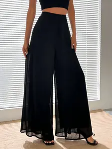 Women's High-End Draped Chiffon High Waist Wide Leg Pants, Versatile Slimming Vacation Style Floor-Length Trousers, Elegant Fashion