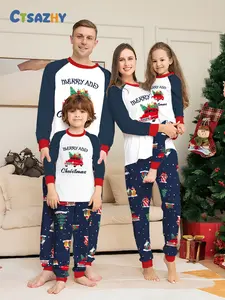 Christmas Family Pajama Set, Full Print Christmas Car Gift Box Snow Scene, Blue Match, Comfortable Skin-Friendly Home Wear