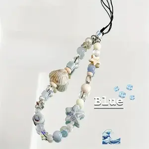 Vibrant Seashell Phone Strap, Dainty Charm Chain with Sparkling Blue Star Accent, Adjustable & Detachable Keychain, Compatible with iPhone Cases, Phone Lanyard, Phone Wrist Strap