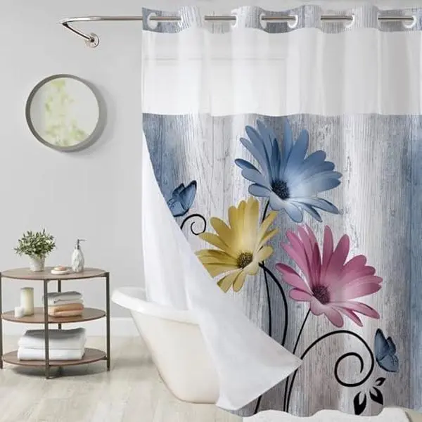 No Hook Floral Shower Curtain with Liner, Blue Beige, 72x75 | Snap in Liner, 3 in 1, Water Repellent, Easy Install, Machine Washable, Hotel Style for Bathroom, Watercolor Pattern