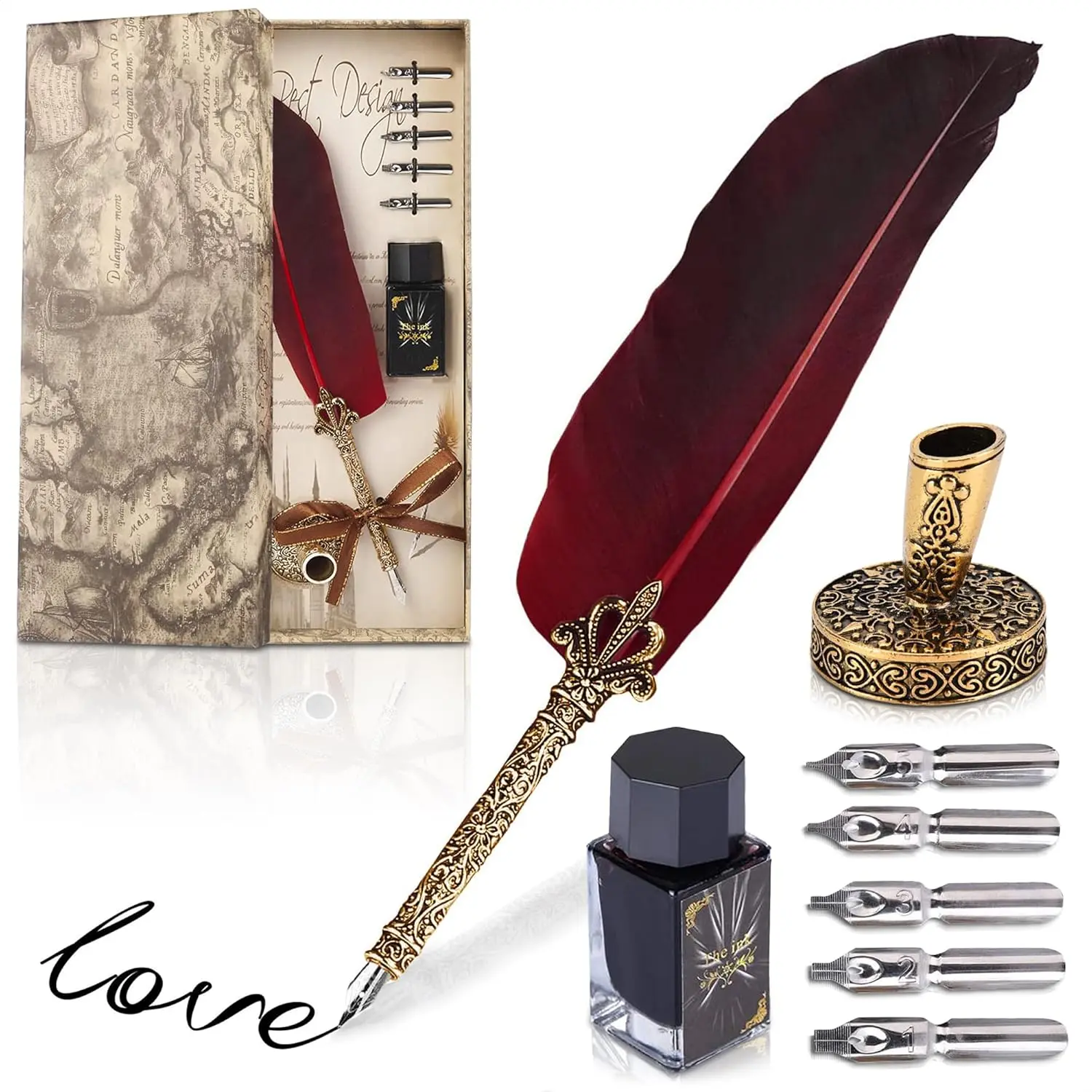 Antique  Pen and Ink Set - 11.4" Red  Quill Pen and Ink Set with Stainless Steel Nib for Calligraphy Practice, Drawing & Signatures - Designed for Beginners and Calligraphy Enthusiasts