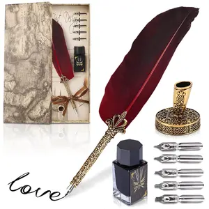 Antique  Pen and Ink Set - 11.4" Red  Quill Pen and Ink Set with Stainless Steel Nib for Calligraphy Practice, Drawing & Signatures - Designed for Beginners and Calligraphy Enthusiasts