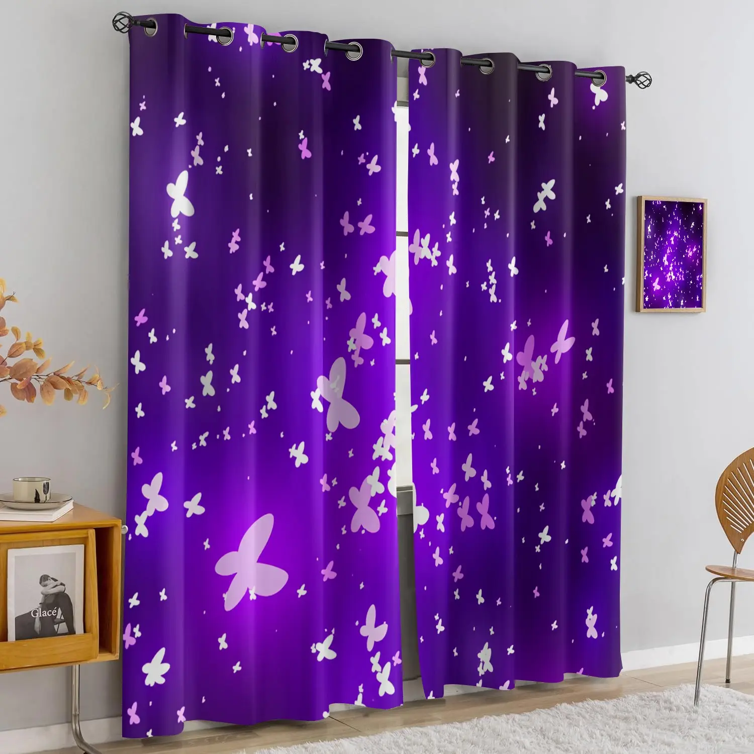 Purple Butterfly Print Curtains 2-Piece Set, Window Curtain, Semi-Light-Blocking Polyester Fabric, Suitable for Bedroom, Living Room, Dining Room, Kitchen Decoration, Year-Round Home Decor, Window Decorations Supplies