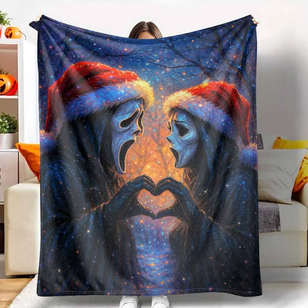 Christmas Ghost Couple Flannel Blanket Gothic Horror Mask Lovers Print Soft Cozy Lightweight Warm Throw for Sofa Bedroom Holiday Party Winter Gift Camping Travel