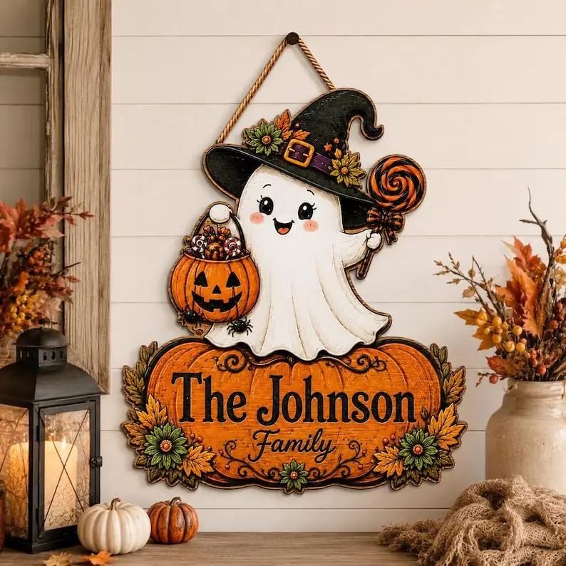 Personalized Halloween Ghost Door Sign, Custom Family Name Wooden Door Hanger, Pumpkin Welcome Sign, Faux 3D Halloween Porch Decor