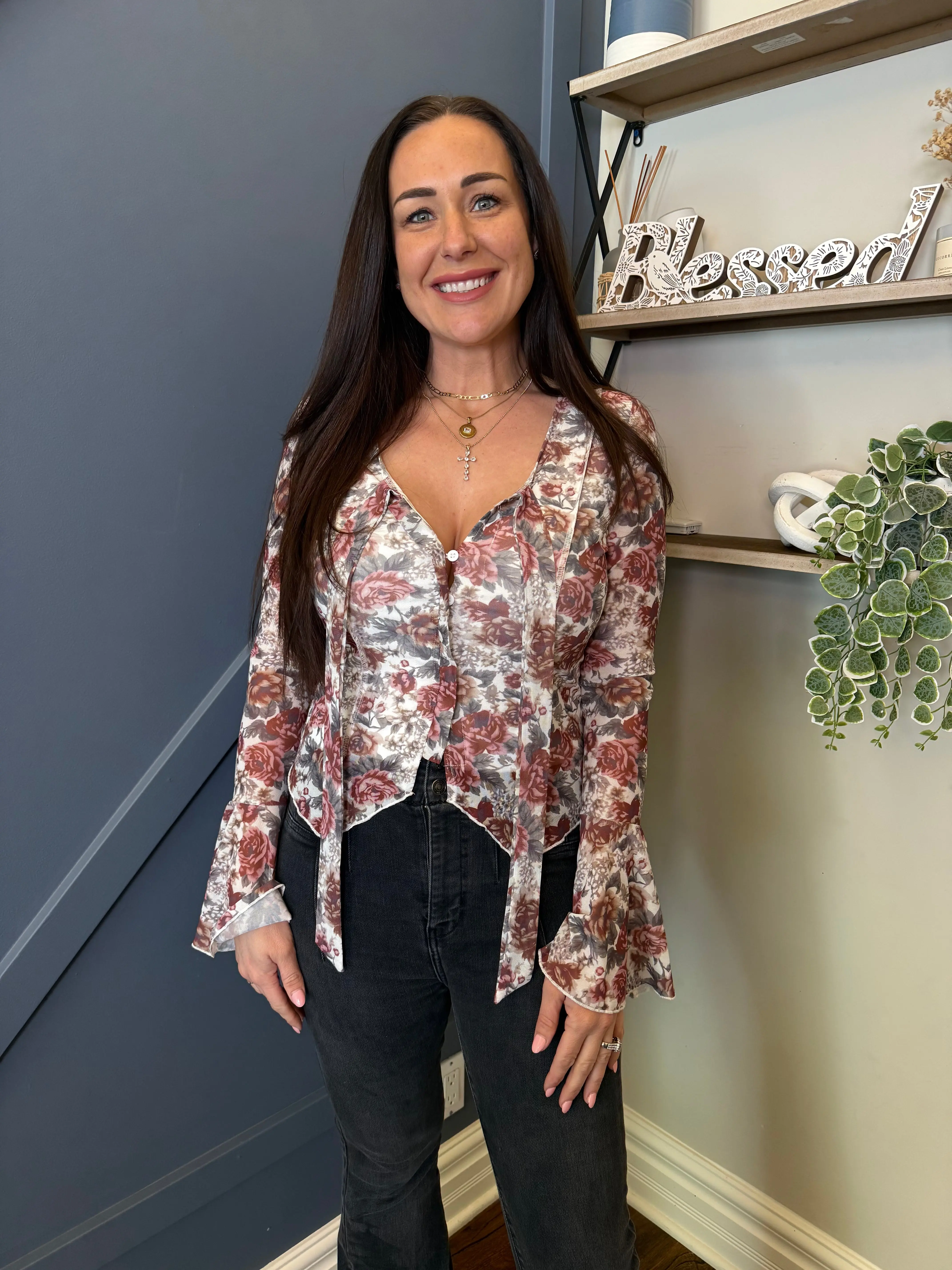 Red Floral Print Stitched Detail Tie V Neck Long Bell Sleeve Blouse
