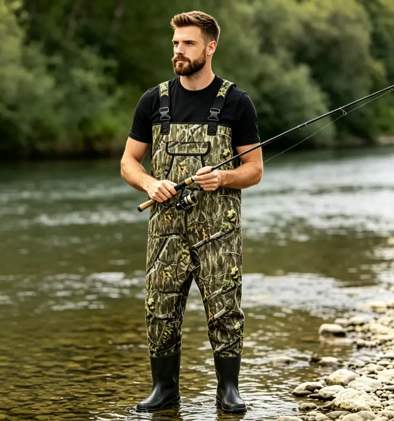 Camouflage jumpsuit for sea fishing, waterproof wading pants for stream fishing, hunting, and exploration quick-dry long
