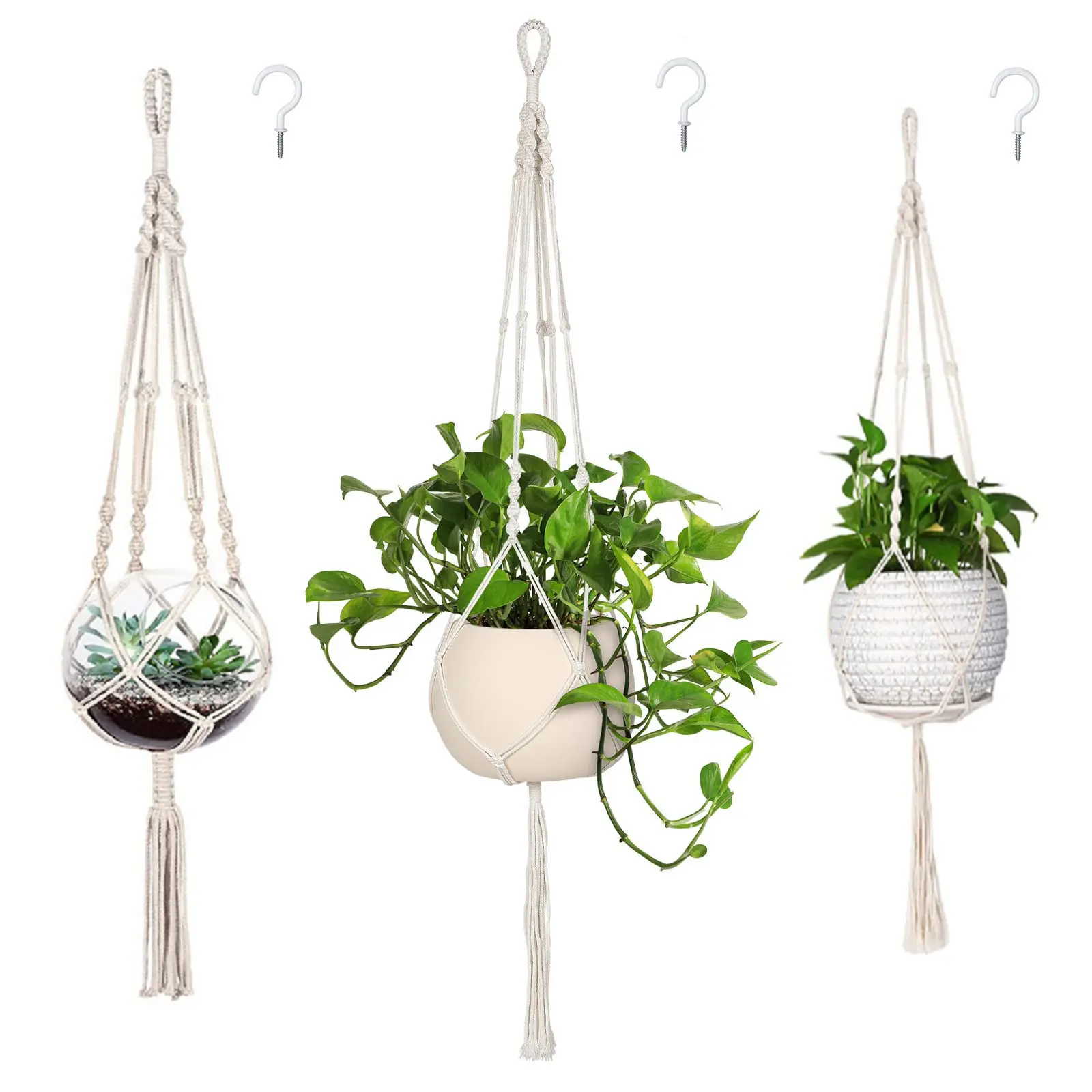 3-Pack Macrame Plant Hangers with Hooks, Handmade Cotton Hanging Planters, Boho Home Garden Decor for 5-10 in Indoor Outdoor Pots