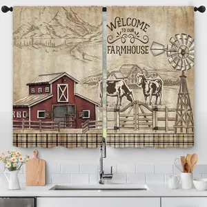 Farmhouse Farm Rustic Vintage Kitchen Curtains 27.5W x 39L Inch Country Cow Barn Buffalo Checked Windmill Rod Pocket Short Cafe Laundry Small Window Treatment Drapes Decor 2 Panels