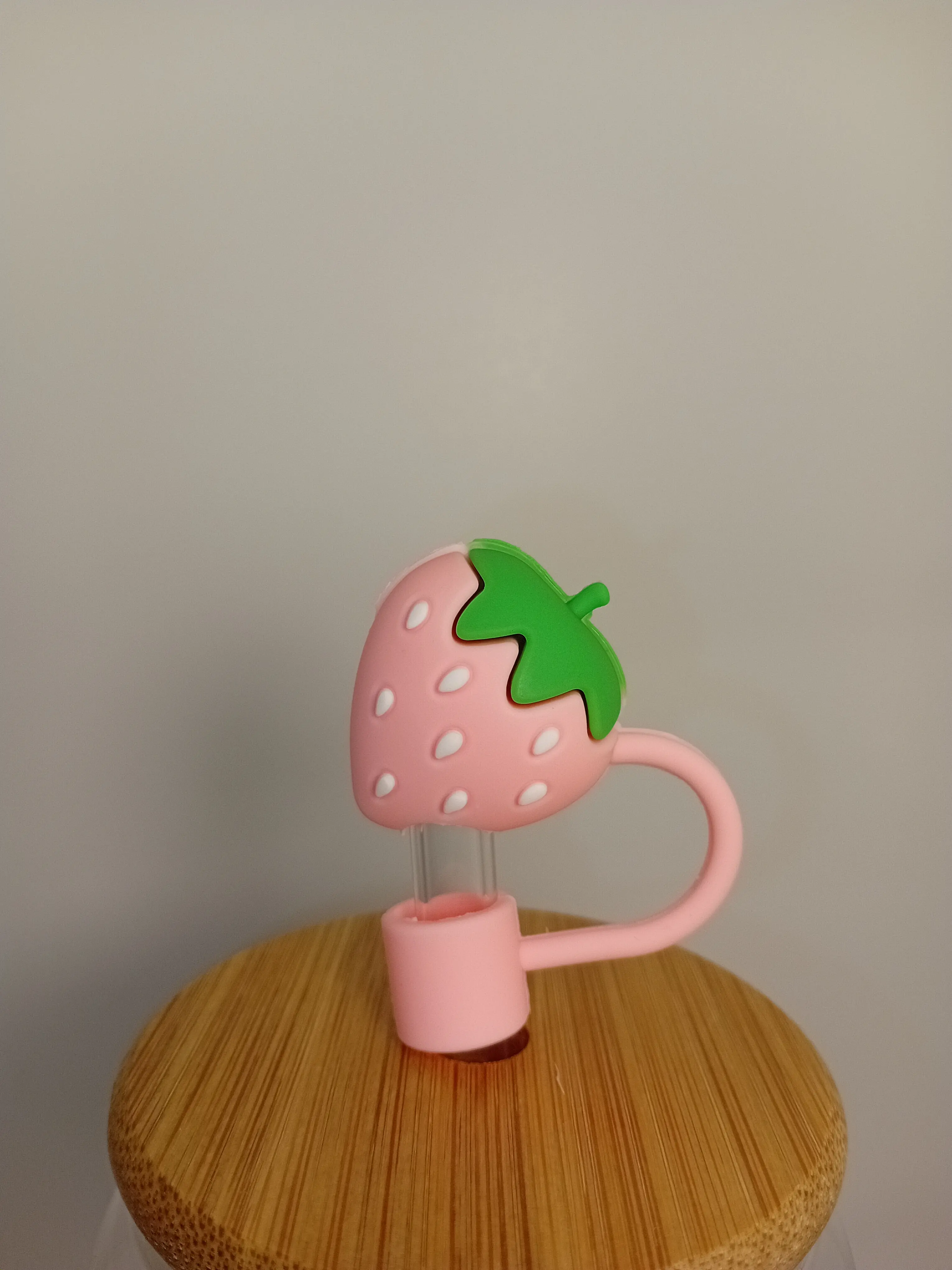 Straw Topper - Pink Strawberry Design with Green Leaf and Handle