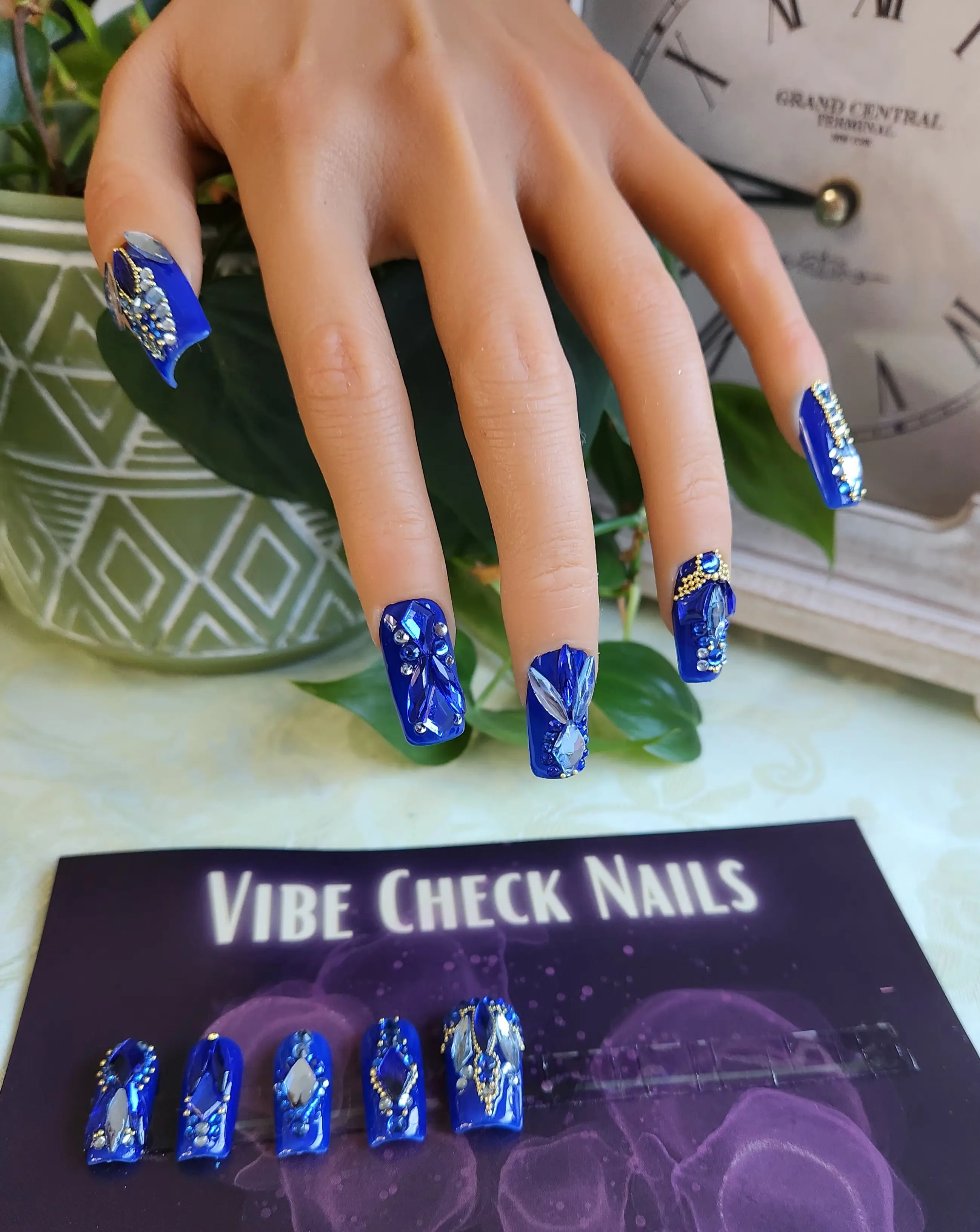 Medium Square Royal Blue Bling handmade press on nails.