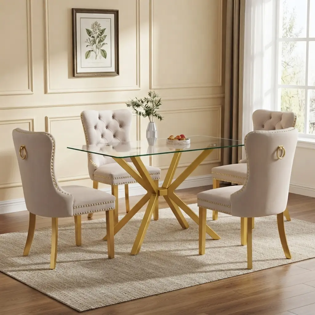 Modern 5-piece Glass Dining Table Set of 5, 47" Clear Tempered Glass Table + 4 Velvet Upholstered Chairs with Gold Metal Legs, Space-Saving for Small Apartment, Dining Room Kitchen, Easy Assembly, Clear/Gold/Beige