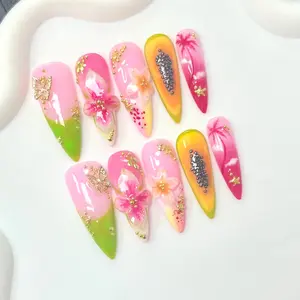 10pcs Almond Shape Handmade Nails, 3D Floral Design, French Style, Y2K Trend, Perfect for Daily Wear & Parties, Ideal Gift for Women
