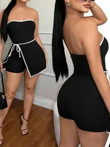 Women's 1pc Colorblock  Strapless Contrast-Trim Romper Jumpsuit, Adjustable Drawstring Waist & Bodycon Silhouette, Ideal for Trendy Ladies in Night Outings/Club Hangouts/Weekend Events