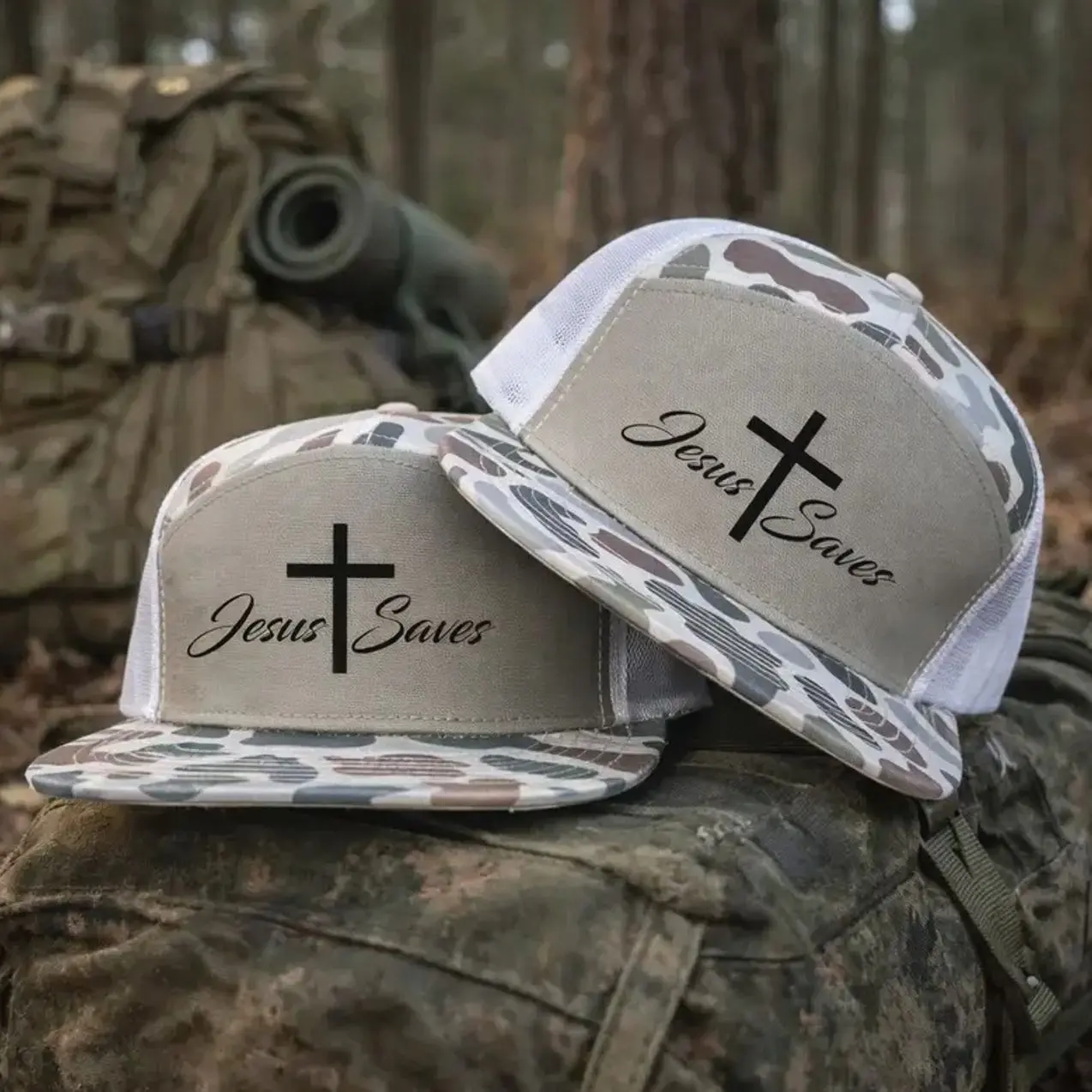 Vintage Jesus Saves Embroidered 7 Panel Snapback Hat, Khaki Bottomland Camo Trucker Cap, Christian Faith Hat, Outdoor Gift