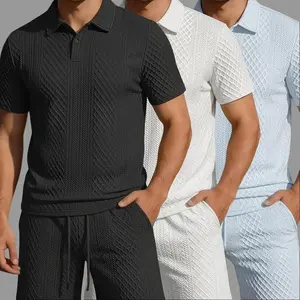 Men's 3-piece set Textured Knit Polo Short Sets, Diamond Pattern Short-Sleeve Polo Shirt & Drawstring Shorts Co-ord Outfits, Casual Lightweight Matching Loungewear for Summer, Street Style, Daily Wear & Smart Casual