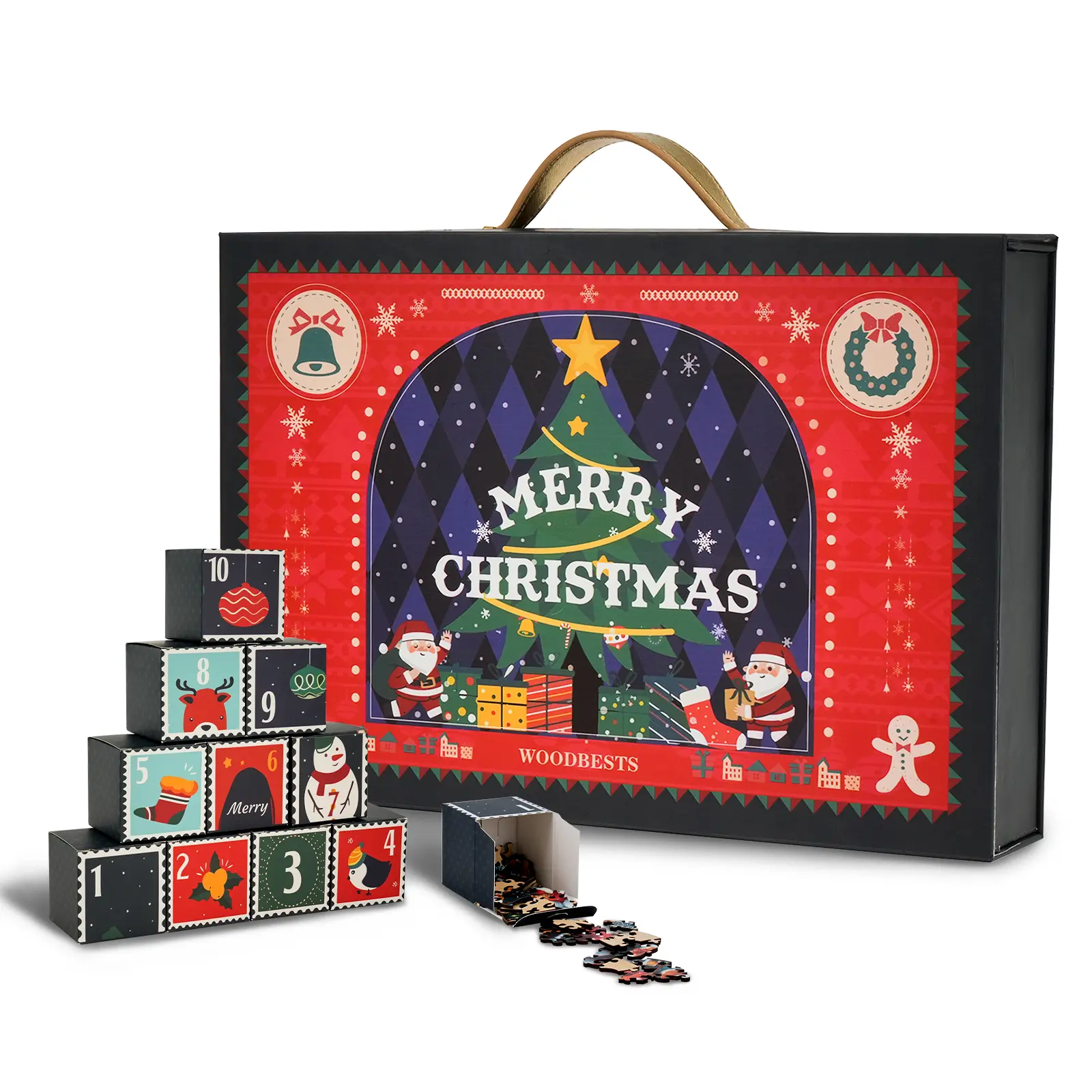 Wooden 24-Day Advent Jigsaw Puzzle Calendar, Premium Holiday Christmas Countdown with Mini Creative Puzzles, Unisex Ideal Gift with Leather Handle