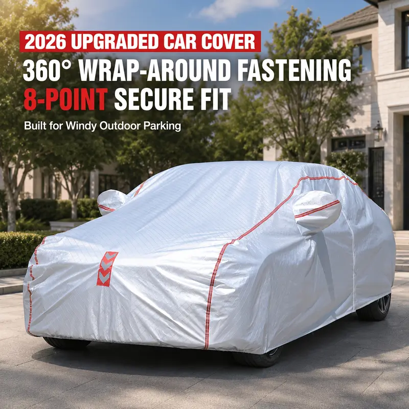 2026 Upgraded Car Cover, 4-Upgrade All-Around Fastening, Waterproof All-Weather Multilayer Fabric, Custom-Fit for Sedan/SUV, Durable, Scratch-Proof, Easy Installation, Elastic Hem, Premium Alloy Zipper Car Exterior Accessory