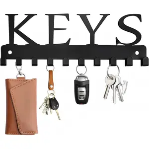 RELBRO Keychain Wall Mount, Metal Adhesive Key Rack Holder with 10 Hooks for Wall Decoration, 2 Installation Options, Black