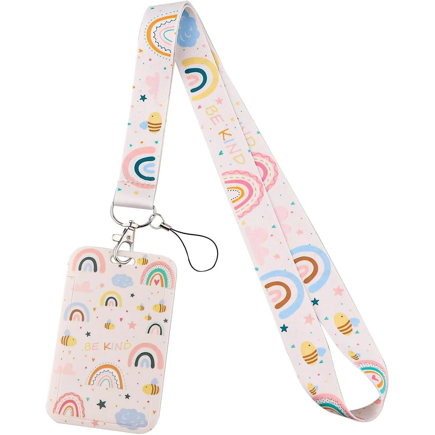 L-NKL014 Aesthetic Boho Rainbow ID Badge Holder Lanyard for Keys, Cute Keychain for Women Girls Teachers Kids, Preppy Be Kind Keycard Holder for School Student ID