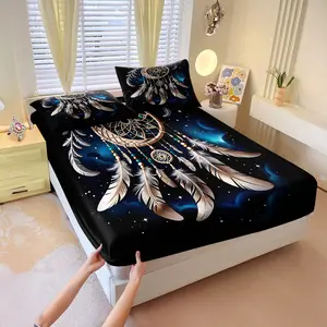 Golden Dreamcatcher Cosmic Night Fitted Sheet Set Includes 1 Fitted Sheet & 2 Pillowcases without Filler, Super soft & ethereal, glows with intricate gold dream web, feathers & starry blue cosmos. Summon peaceful protection & magical dreams nightly!
