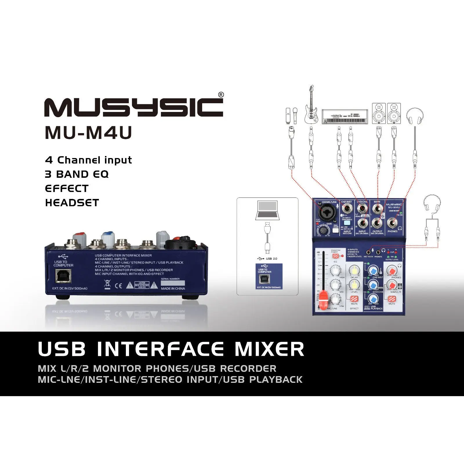 4-Channel Digital Mixer with USB Interface Studio,Webcast,Podcast MU-M4U