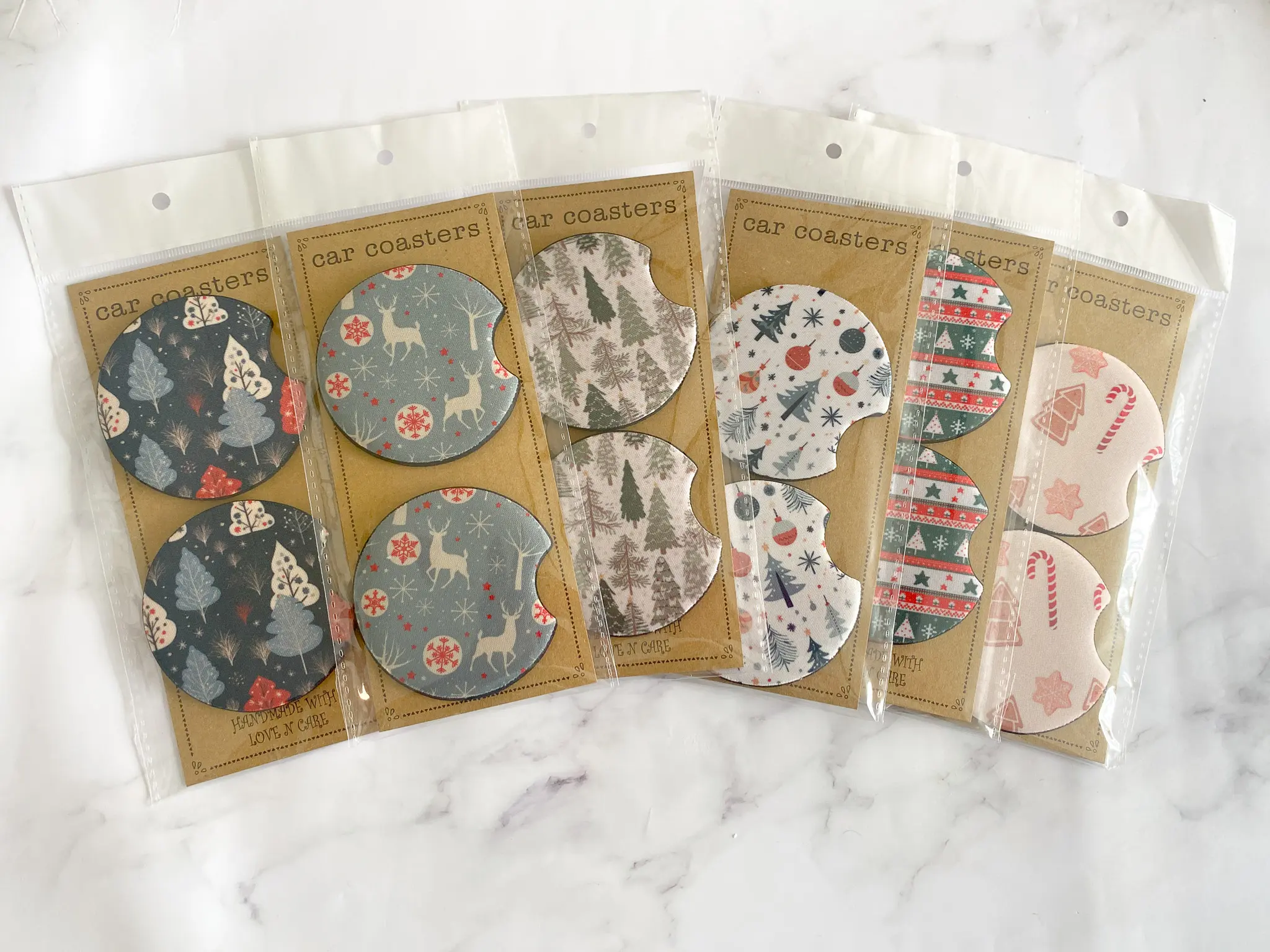 Christmas Holiday Pattern Cute Car Coasters, Set of 2, Cute Aesthetic Car Coasters, New Car Gift, Gifts for Her, Flower Coasters for Car, Car Gadgets and Accessories Girly Tableware Thick