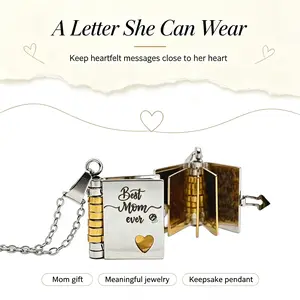 Classic Book Locket Necklace in Stainless Steel for Mom, Elegant Openable Pendant with Engraved Pages, Hypoallergenic Adjustable Chain for Birthday