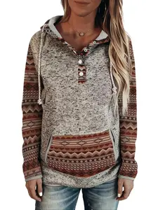 Women's Clothing Western Ethnic Style Hoodie Sweatshirt,Featuring Geometric Patterns Pullover,with A Slanted Pocket on the Hood, Soft and Elastic Half Button Long-sleeved Sport Shirt, Suitable for Autumn and Winter